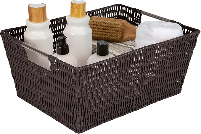 Simplify 3 Piece Set Woven Rattan Tote Baskets | Multi-Size | Handles | Storage & Organization | Toys | Bathroom Accessories | Home | Office | Dorm | Playroom | Closet | Chocolate
