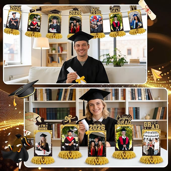 9 PCS Graduation Party Decorations Class of 2026 Honeycomb Centerpieces, Honeycomb Centerpieces for Graduation Photo Toppers Table Decorations. (Grad.Gold)
