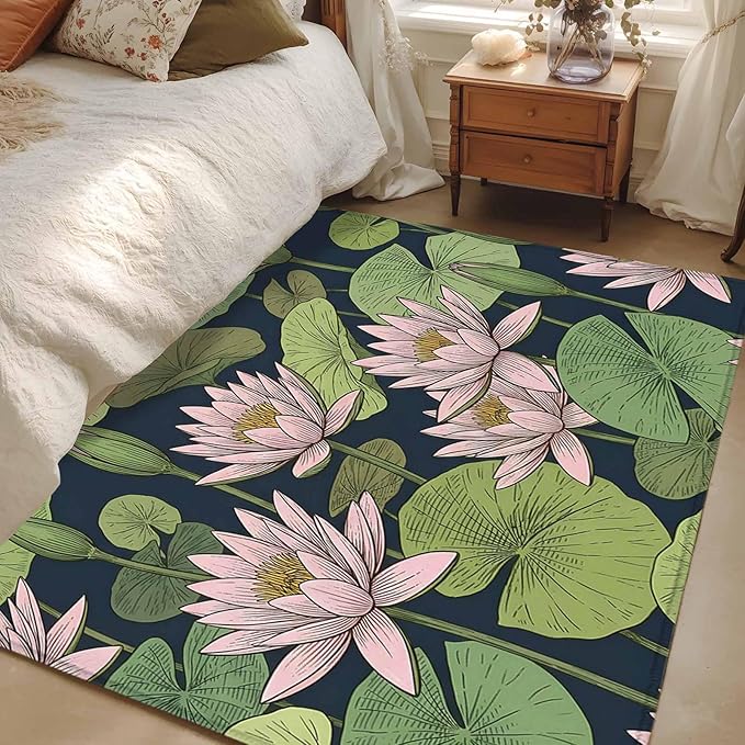 Area Rug 4x6ft, Pink Lotus Water Lily Dark Green Leaves Washable Rugs for Living Room Bedroom, Oriental Style Soft Non-Slip Area Rugs Rectangle Floor Carpet for Dining Room