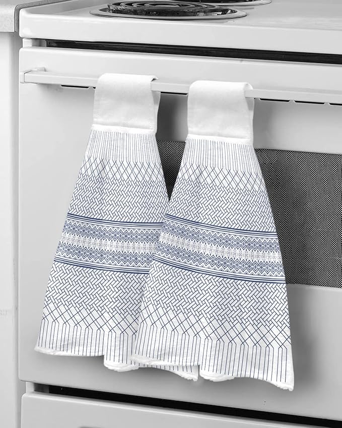 Alandar Home Kitchen Tie Towel Set of 2, Modern Geometric Stripe Art Absorbent Soft Hand Towels for Bathroom Hanging Towels, Minimalist Blue Ombre on White Fast Drying Cleaning Cloth with Loop