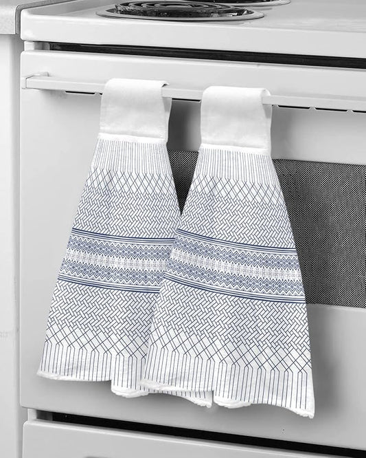 Alandar Home Kitchen Tie Towel Set of 2, Modern Geometric Stripe Art Absorbent Soft Hand Towels for Bathroom Hanging Towels, Minimalist Blue Ombre on White Fast Drying Cleaning Cloth with Loop