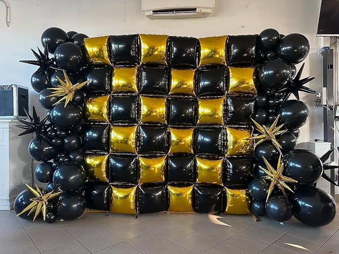 Black Gold Square Foil Balloon Wall,25Pcs Double Sided Balloon Backdrop Helium Balloons Tunnel Arch Garland Kit for 2026 New Year Eve Graduation Birthday Anniversary Party Decorations