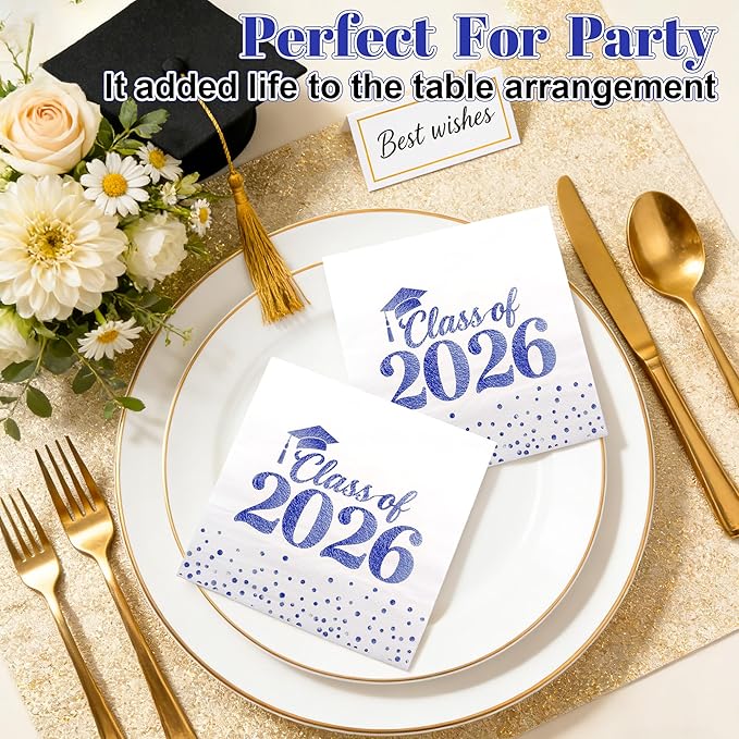 Graduation Napkins - Class of 2026 Napkins Disposable Paper Napkins Congrats Grad Cocktail Napkins Graduation Decorations 2026 Blue Napkins Hand Towels for College Graduation Party Decorations 50 Pcs
