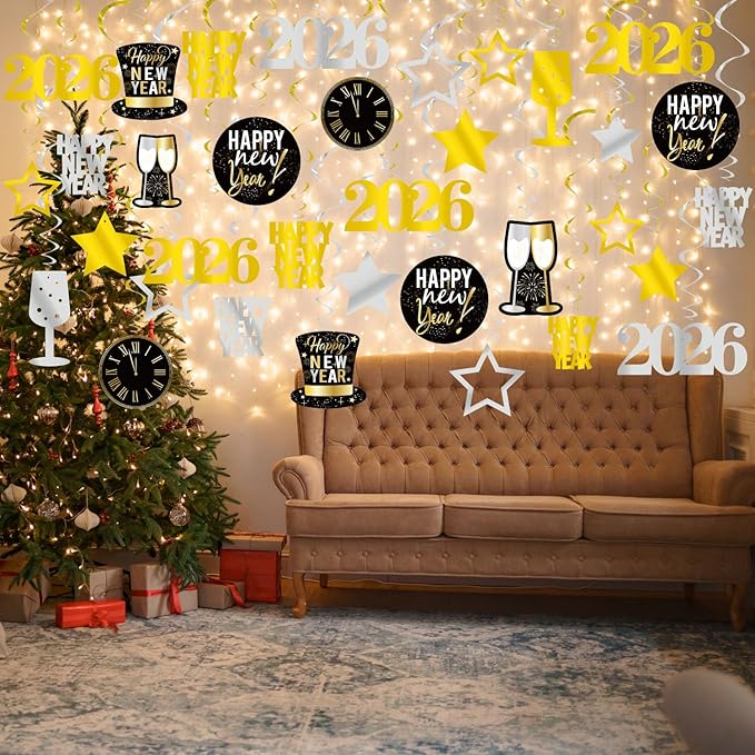 GOER 2026 New Year Festival Party Supplies 31 Pcs Hanging Swirl and Celebration Card,Gold and Black Party Supplies for 2026 New Year Eve Decorations