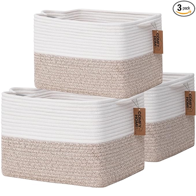 COMFY-HOMI 3-Pack Cotton Rope Woven Basket with Handles for Shelves, Books, Toys, Cloth Storage|Towel Storage|Nursery Baby Basket - 13.5" x 11" x 9.5" for Living Room (White/Brown)