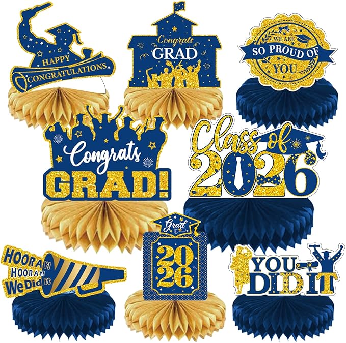2026 Graduation Party Decorations - 8 Pcs Blue Gold Class of 2026 Graduation Party Table Decor Honeycomb Centerpieces for Tables Congratulate for 2026 Congrats Grad Party Supplies