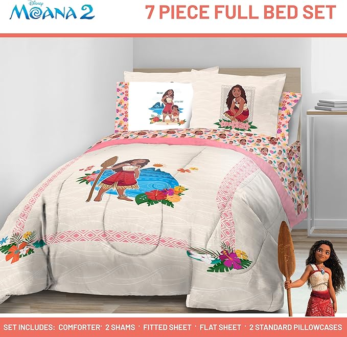 Jay Franco Disney Moana Full Size Comforter Set - 7 Piece Bedding Includes Sheet Set & Pillow Covers - Super Soft Floral Kids Bedding