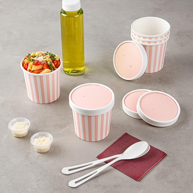 Restaurantware-LIDS ONLY: Soup Container Lids, 200 Disposable Bowl Covers For 12 Ounce Soup Containers - Containers Sold Separately, Vented, Pink And White Container Lid, Striped, Round,