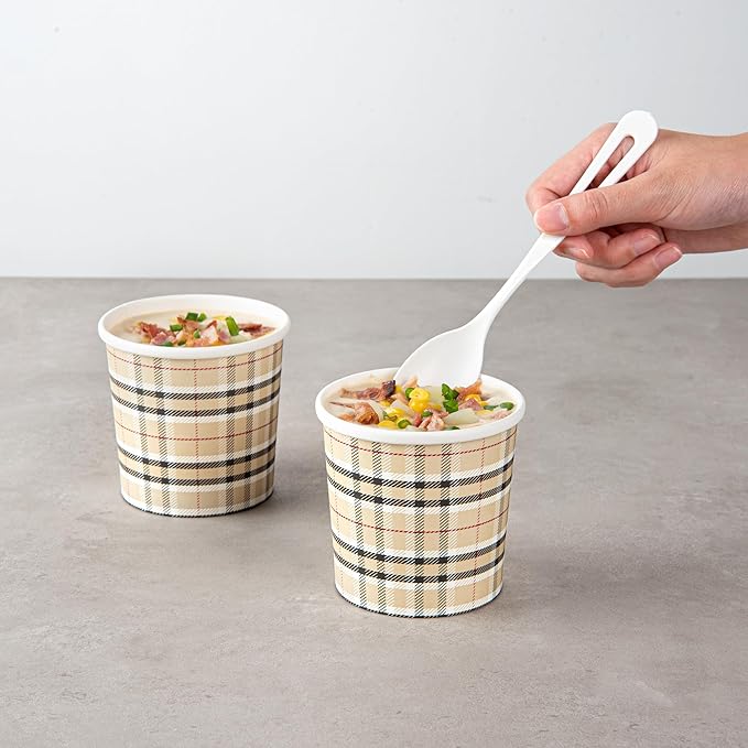 Restaurantware Bio Tek 12 Ounce Soup Containers 200 Durable Soup Bowls - Disposable Sustainable Plaid Print Paper Soup Cups Round For Hot Or Cold Foods