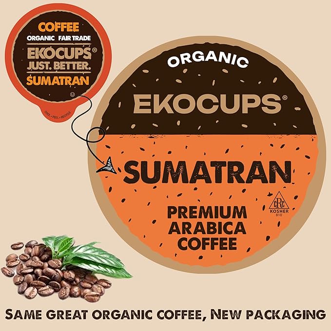 EKOCUPS Organic Sumatra Coffee Pods, Extra 30% More Coffee Per Cup, Fair Trade Dark Roast, Sumatran Reserve Blend for Keurig K Cup Machines, Recyclable Pods, 40 Count
