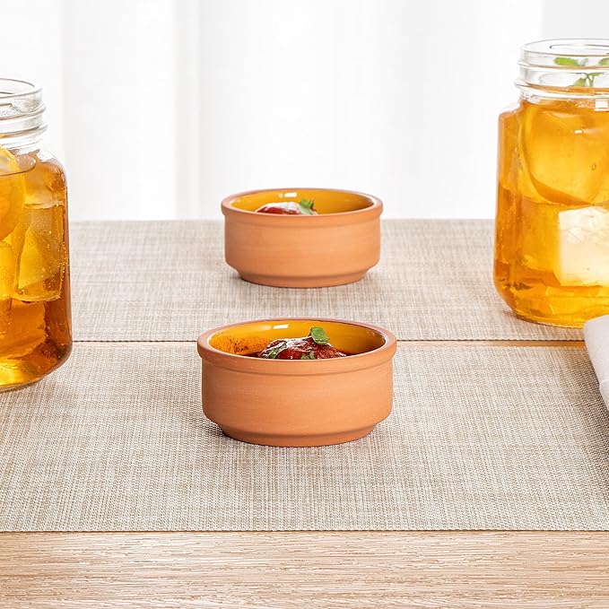 Restaurantware-Terra Tek 2.7 Ounce Terracotta Cazuelas, 2 Yellow Glazed Clay Pots For Cooking - Oven-Ready, Microwavable, Terracotta Serving Pots, Dishwashable, For Cooking And Serving