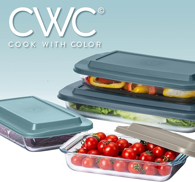 COOK WITH COLOR 8-Piece Deep Glass Baking Dish Set with Plastic Lids – Casserole and Food Storage Containers for Lasagna, Leftovers – Freezer-to-Oven, Microwave & Dishwasher Safe, Blue