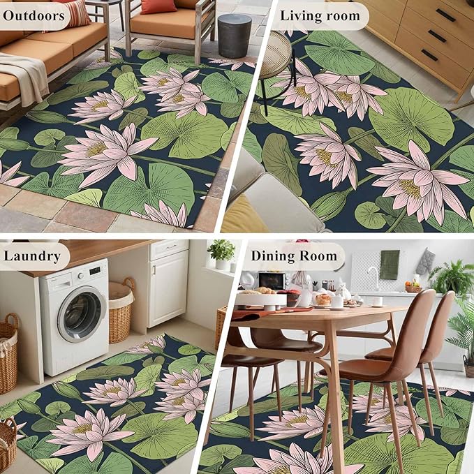 Area Rug 4x6ft, Pink Lotus Water Lily Dark Green Leaves Washable Rugs for Living Room Bedroom, Oriental Style Soft Non-Slip Area Rugs Rectangle Floor Carpet for Dining Room