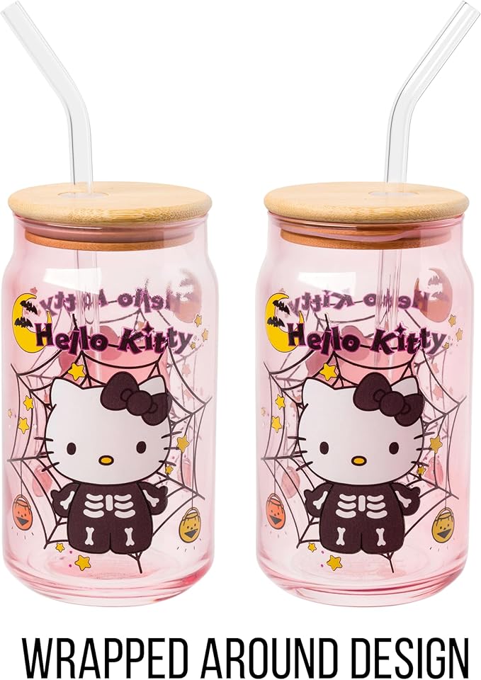 Silver Buffalo Sanrio Hello Kitty Halloween Spooky Skeleton Costume Pink Lavender Glass Jar Tumbler with Bamboo Lid and Glass Straw, 16 Ounces