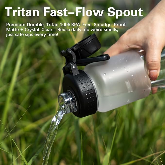 OLDLEY 32oz Frosted Clear Water Bottle, BPA-Free Tritan Plastic Reusable Water Bottle with Fast-Flow Spout Lid, Wide Mouth Leakproof Sports Drinking Bottle for Gym, School, Office, Travel,Grey