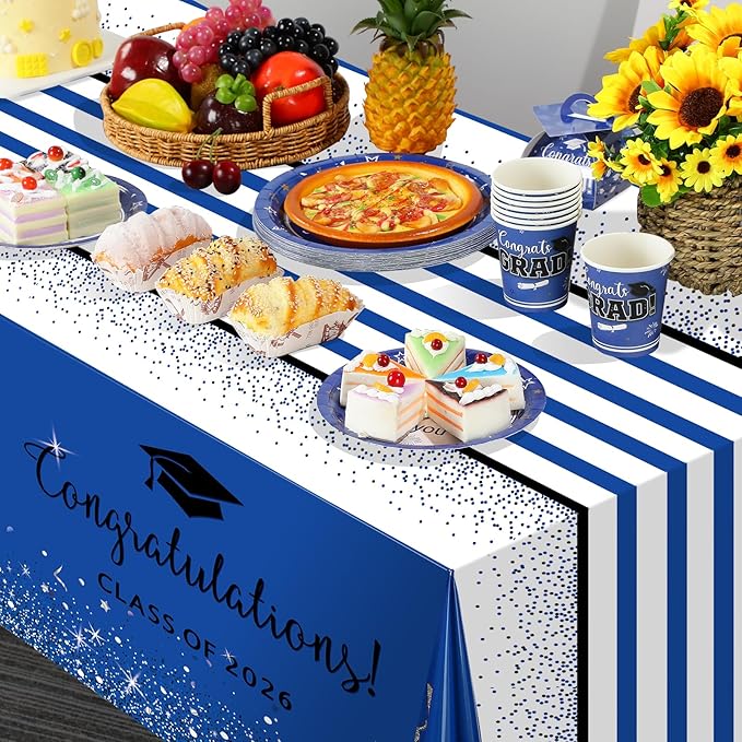 3 Pack Class of 2026 Graduation Tablecloths,Foil Dot Plastic Disposable Rectangle Table Covers for 2026 High School University College Graduation Party Decorations,108*54 Inch (Blue and Black)