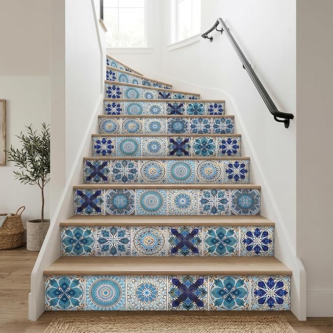 30 Pack, 4x4 Inch Moroccan Vinyl Decals, Blue and Gold Boho Mandala Peel and Stick Wall Stickers for Kitchen, Bathroom, Stairs & Furniture