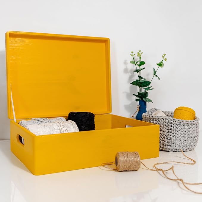 Creative Deco XL Yellow Wooden Box Storage with Hinged Lid | 15.8x11.8x5.5in (+-0.5) | Keepsake with Handles | Gift Box for Tool Dog Toy Kitchen Storage | Wood Chest Trunk