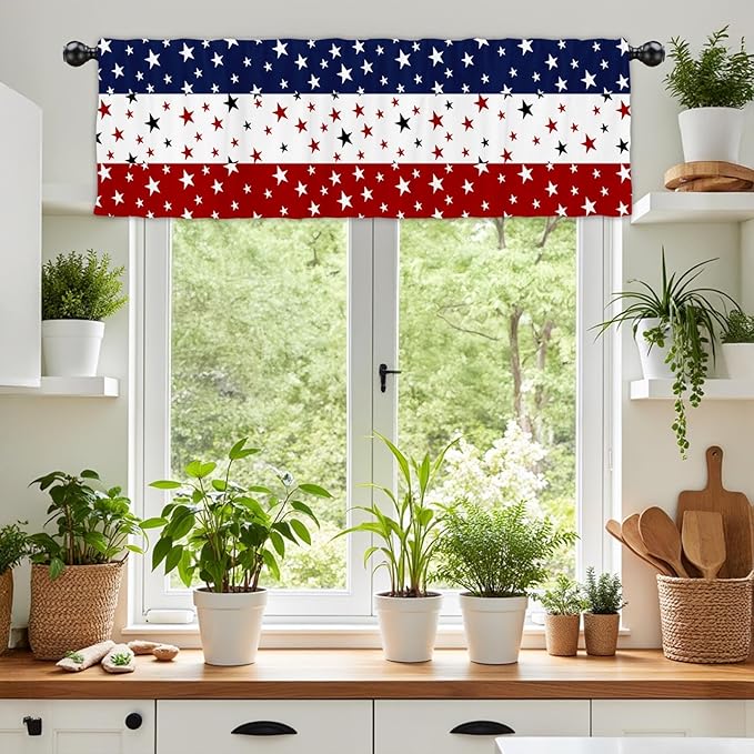 54x18Inch Star Stripe Print Topper Curtains Red Blue White Voile Window Treatment Bedroom Kitchen Independence Day 4th of July Patriotic Decor Short Semi Sheer Valance Drapes American