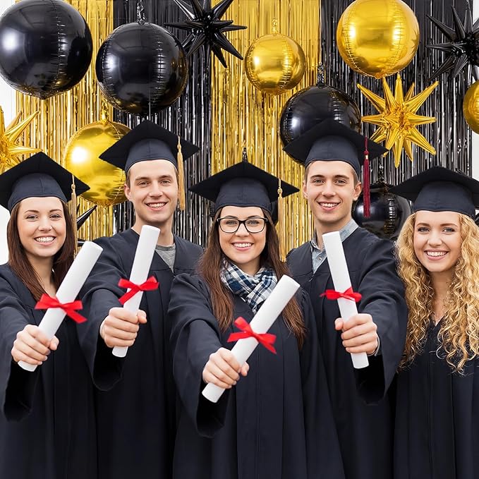 Seenelling 25 Pcs Black and Gold Graduation Party Decorations 2026 Sets 22 Inch 4d Large Stars Balloons with Metallic Tinsel Foil Fringe Backdrop Curtains for Roaring 20s Party Birthday Wedding Decor