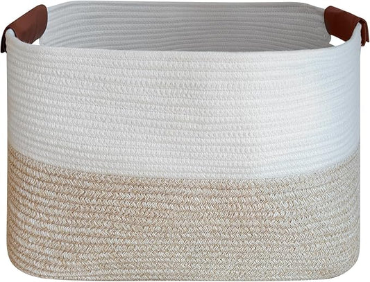 Small Cotton Rope Storage Basket with Leather Handles, 15 "L x 11.5" W x 7.5 "H, Home Decor Basket, Durable & Stylish Organizer for Home.(Small Light Khaki)