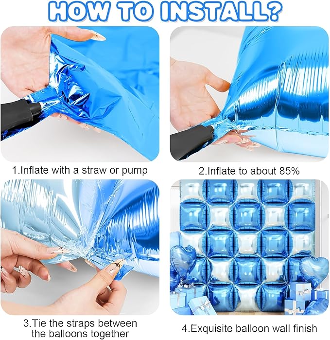 Blue Square Foil Balloon Wall,25Pcs Double Sided Balloons Backdrop Helium Polyester Film Balloon Tunnel Arch Garland Kit for Birthday Bridal Anniversary Baby Shower Party Decorations