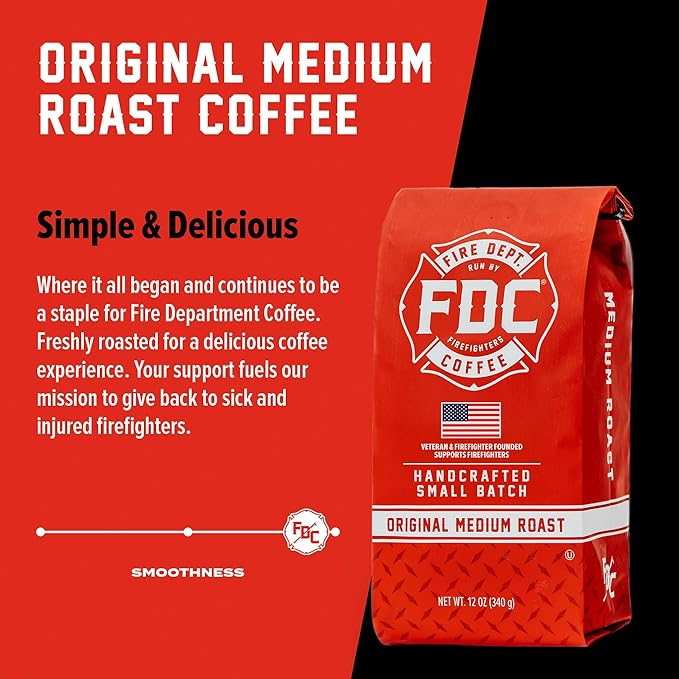 Fire Department Coffee - Gives Back to Firefighters - Original Medium Roast Coffee Beans - Balanced & Smooth - Roasted in the USA - Premium Whole Bean - Veteran Owned (12 oz, Pack of 2)