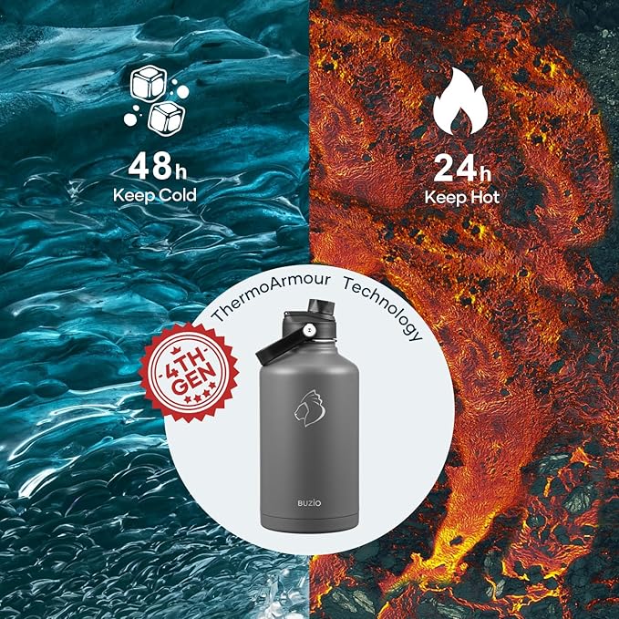 BUZIO 64oz Water Bottle Insulated Stainless Steel (Cold for 48 Hrs/Hot for 24 Hrs) BPA Free Double Wall Travel Mug/Flask for Outdoor Sports Hiking, Cycling, Cam,Camping, Running- Graphite