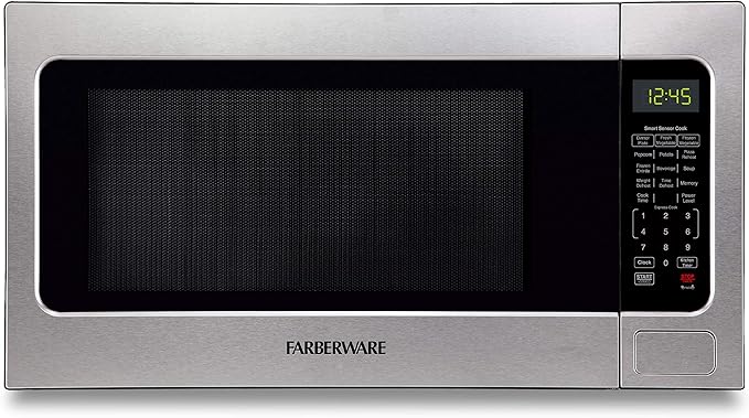 Farberware 2.2 Cu. Ft. Countertop Microwave Oven – 1100 Watts Power, Smart Sensor Auto Cook Settings, Defrost, Easy Clean and Child Safety Lock - Stainless