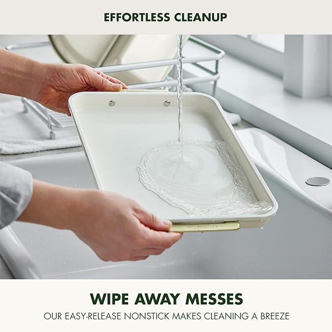 GreenPan Bakeware 13" x 9" Quarter Sheet Pan, Ceramic Nonstick Baking Pan, PFAS & BPA Free, Gold Handles, Durable Steel, Versatile & Space Saving Ovenware, Freezer to Oven Dish, Cream