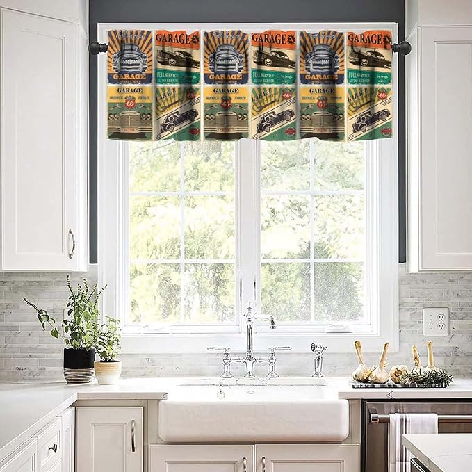 Cars Valance Curtain Vintage Car Stall Retro Garage Repair Shop Rod Pocket Valance Window Treatments Short Curtains for Kitchen Bathroom Farmhouse Living Room Decor 54x18inch