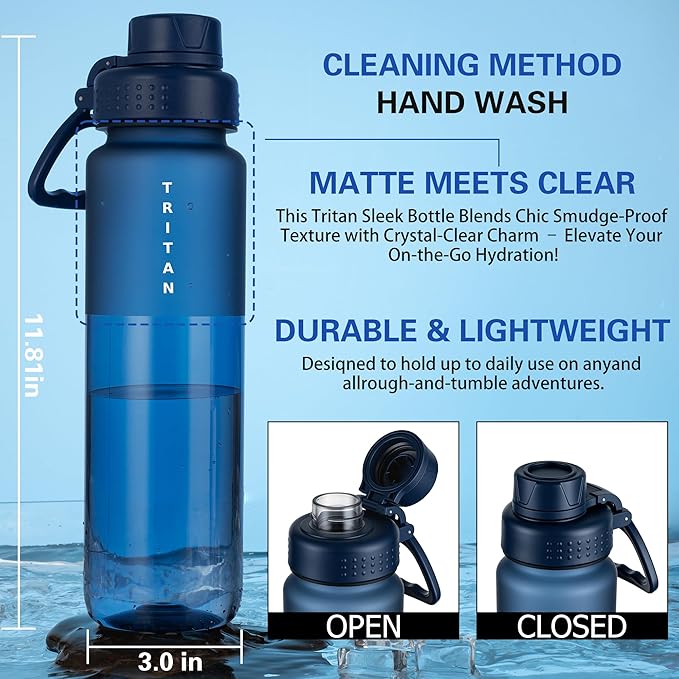 OLDLEY 32oz Frosted Clear Water Bottle, BPA-Free Tritan Plastic Reusable Water Bottle with Fast-Flow Spout Lid, Wide Mouth Leakproof Sports Drinking Bottle for Gym, School,Travel,Midnight Blue