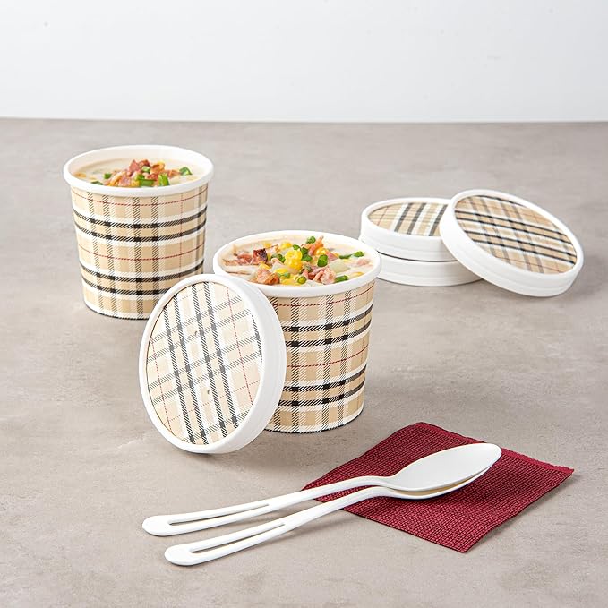 Restaurantware-LIDS ONLY: Bio Tek Soup Container Lids, 200 Disposable Bowl Lids For 12 Ounce Soup Cups - Containers Sold Separately, Vented, Plaid Print Paper Soup Container Lids, Round,