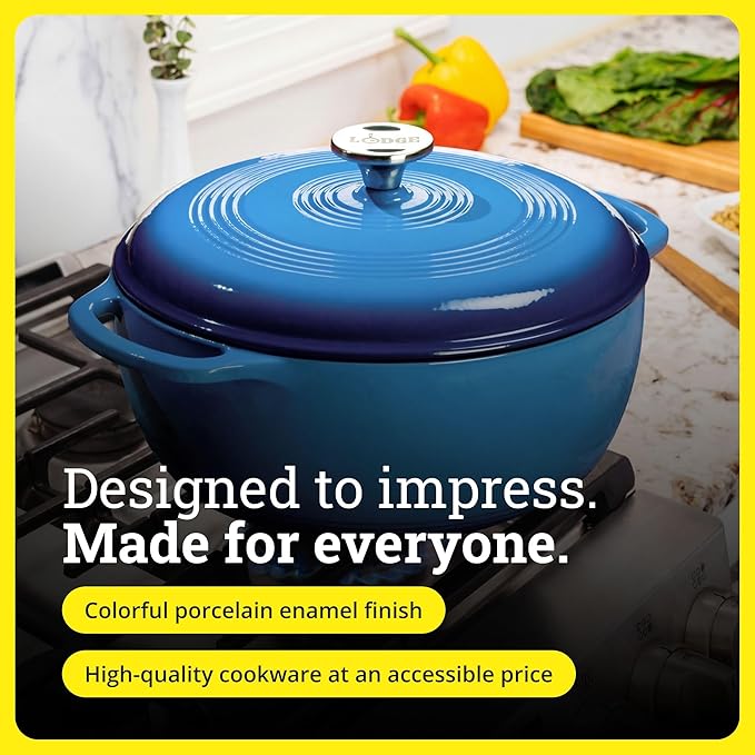 Lodge Essential Enamel Cast Iron Dutch Oven - Perfect for Bread Baking, Braising, Marinating & Slow Cooking - Features Moisture-Sealing Lid & Dual Handles - Kitchen Essentials - 6 Quarts - Caribbean Blue