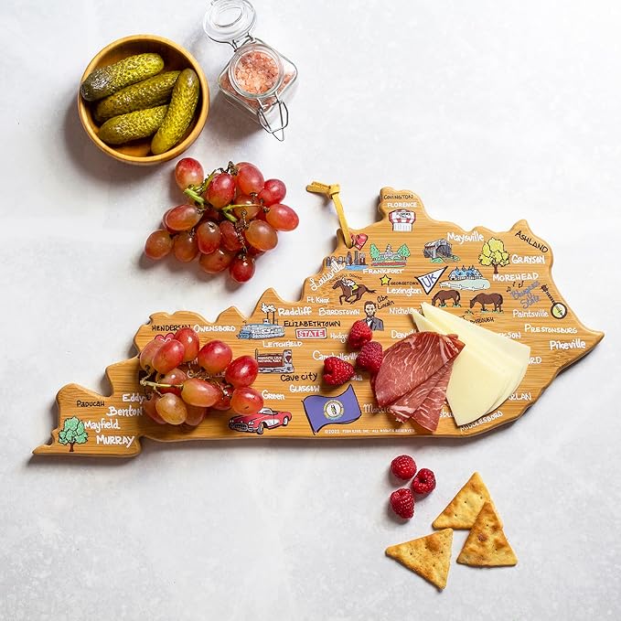 Totally Bamboo Kentucky State Shaped Cutting Board and Charcuterie Serving Platter with Artwork by Fish Kiss, Includes Hang Tie for Wall Display