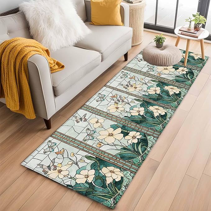 Runner Rug for Bedroom Hallway, Spring Flower Colorful Butterfly Kitchen Runner Rugs Area Rug 2x6ft, Vintage Green Plant Washable Soft Floor Carpet for Entryway Stair