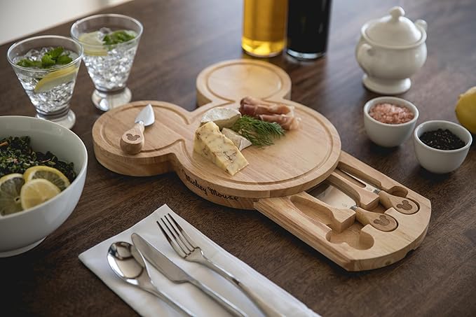 PICNIC TIME Disney Mickey Mouse Head Cheese & Charcuterie Board Set, Parawood Cutting Board with Hidden Drawer & 3 Cheese Knives, Fun Disney Gift, Party Platter, Picnic Set & Kitchen Serving Tray