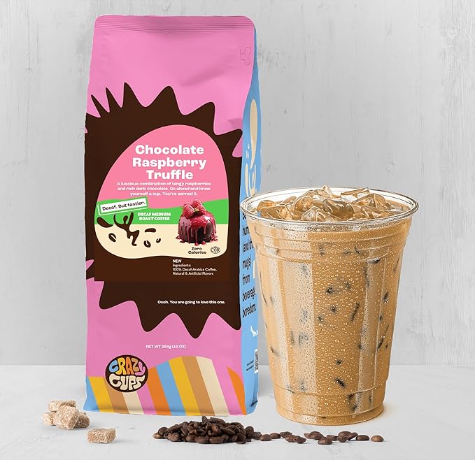 Crazy Cups Flavored Ground Decaf Chocolate Coffee, Decaffeinated Chocolate Raspberry Coffee in 10 oz Bag, For Brewing Flavored Hot or Iced (Pack of 1)