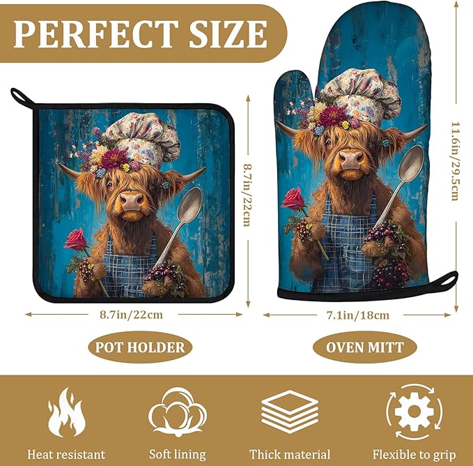 Highland Cow Chef Oven Mitts and Pot Holders Sets 4Pcs Funny Animal Silicone Kitchen Gloves Heat Resistant Potholders for Baking Cooking Grilling BBQ