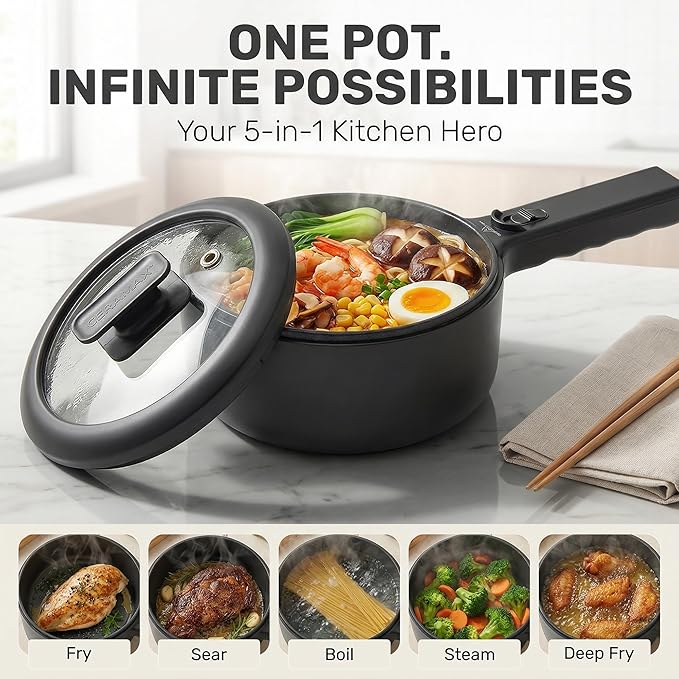 Hot Pot Electric 1.5L CERAMAX, Non-Toxic Ceramic Noodle Cooker Skillet with Steamer & Lid for Ramen, Pasta, Eggs, Soup - Fast Heating, Portable for Dorms, Camping, RVs, Office, Adjustable Temperature