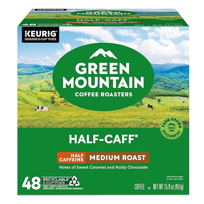 Green Mountain Coffee Roasters Half Caff, Single-Serve Keurig K-Cup Pods, Medium Roast Coffee Pods, 48 Count