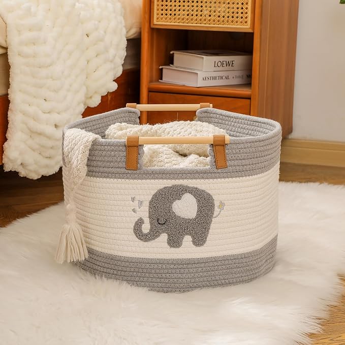 Large Blanket Basket 35L Cotton Rope Basket with Wooden Handles Woven Baskets for Kids Stuffed Animal Toys Storage for Nursery, Laundry Hamper Clothes Baby Hamper Boys Gift Basket Empty, (Elephant ）