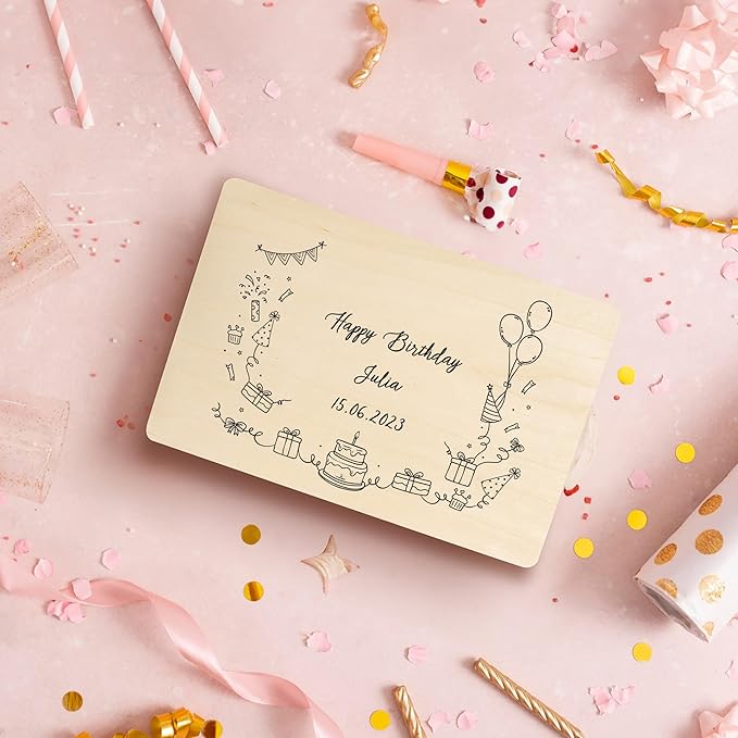 Creative Deco Personalized Wooden Storage Box Birthday Box | 11.8x7.87x5.51in (+-0.5) | Minimalistic Design | Hinged Lid Handles & Engraving | Birthday Gift Box | UNSANDED Keepsake Memory Souvenir
