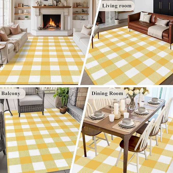 Area Rug 6x9ft, Rustic Country Yellow and White Buffalo Lattice Checked Washable Rugs for Living Room Bedroom, Farm Style Soft Non-Slip Area Rugs Rectangle Floor Carpet for Dining Room