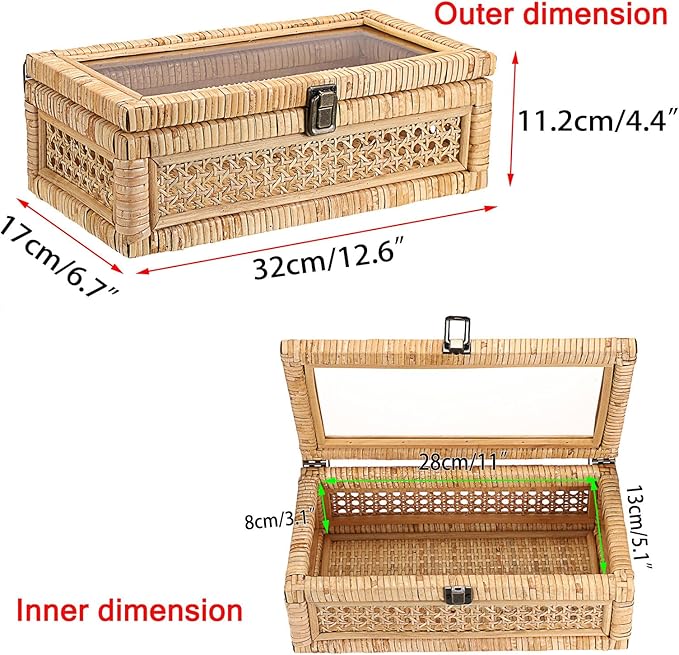 Hipiwe Rattan Decorative Box with Clear Lid and Lock - Natural Woven Wicker Basket Bin Rectangular Basket Organizer Vintage Wood and Cane Display Boxes for Shelves Home Storage and Decor