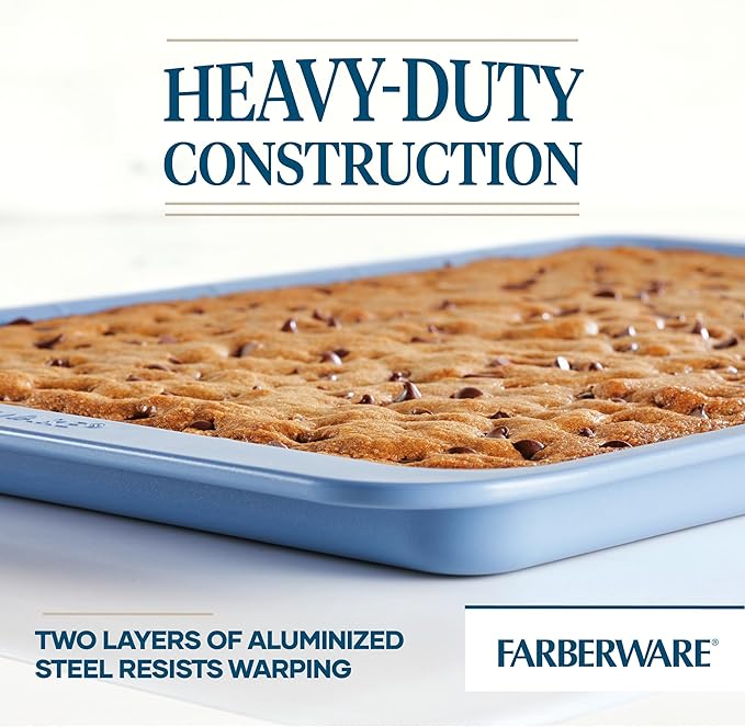 Farberware Easy Solutions Nonstick Bakeware Cookie Pan/Baking Sheet with Drop Zones and Portion Marks, 10 Inch x 15 Inch - Blue