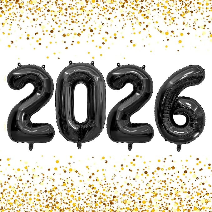2026 Balloons New Years Decorations - 40" Large 2026 Black Foil Number Balloon New Years Eve Party Supplies Graduation Balloons Class of 2026 Happy New Year Birthday Anniversary Graduation Decorations