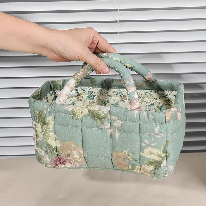 Quilted Fabric Storage Basket Floral Baby Diaper Caddy Quilted Basket for Nursery Bedroom Car Storage