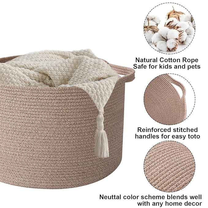 65L Large Blanket Basket,Woven Rope Laundry Basket Hamper with Handles,Decorative Nursery Basket Storage Bin for Toys, Pillows , Clothes Organizer, Living Room, Bedroom, Bathroom, Brown