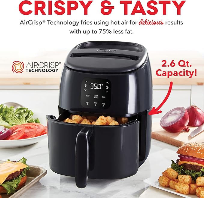 Dash Tasti-Crisp™ Digital Air Fryer – 2.6 Quart Small Compact Mini Air Fryer for French Fries, Nuggets & More, 1-2 People, Auto Shut Off, Adjustable Temp, Dishwasher Safe Parts - Black